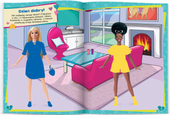 Otwarta książeczka Barbie "Brokatowe Ubieranki". Widać dwie lalki w salonie: jedna w niebieskiej, druga w żółtej sukience.