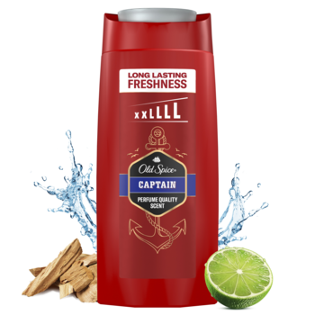 Old Spice Captain żel pod prysznic dla mężczyzn, czerwona butelka z napisem "Long Lasting Freshness", otoczona cytrusami i drewnem.