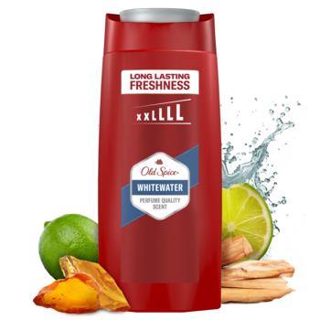 Old Spice Whitewater żel pod prysznic XXL, czerwona butelka z limonką i wodą w tle, widok z przodu.