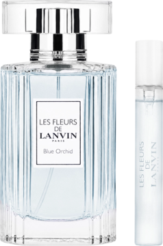 Zestaw Lanvin Blue Orchid: niebieska woda toaletowa 50ml w żłobionej butelce i miniatura 7.5ml, widok z przodu.