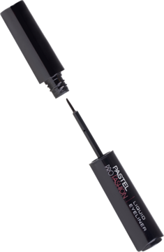 Czarny eyeliner w płynie Pastel Profashion, otwarty, z cienkim pędzelkiem aplikatora na pierwszym planie.