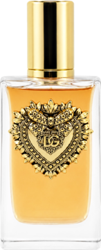 Złocista woda perfumowana Dolce & Gabbana Devotion w butelce ze złotym sercem DG, słodki waniliowy zapach.