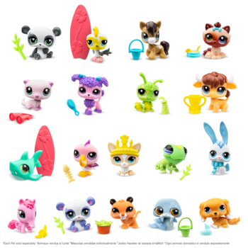 Kolekcja 16 kolorowych figurek Littlest Pet Shop z dużymi główkami i akcesoriami, na białym tle.