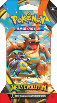 Pakiet startowy Pokémon TCG Mega Evolution, z pomarańczowym i fioletowym Pokemonem, widok z przodu.