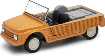 Pomarańczowy, metalowo-plastikowy samochodzik Old Timer, model kabriolet, z otwartymi drzwiami, widok z boku.