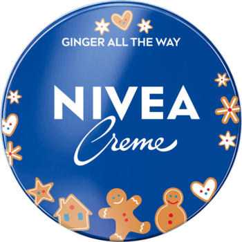 NIVEA Creme, świąteczna edycja "Ginger All The Way", granatowe, okrągłe opakowanie z piernikami.