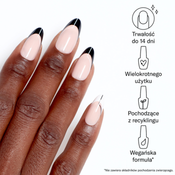 OPI xPRESS-ON My 9 To Thrive długie, sztuczne paznokcie, czarno-biały french z liniami, na dłoni.