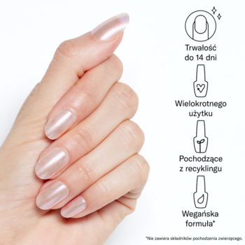 OPI xPRESS-ON Throw Me a Kiss: lśniące, krótkie sztuczne paznokcie w kolorze różu na dłoni, z opisem cech.