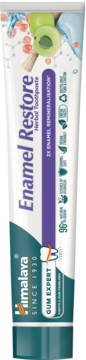 Himalaya Enamel Restore Herbal Toothpaste w biało-turkusowej tubce z fioletowym paskiem, widok z przodu.