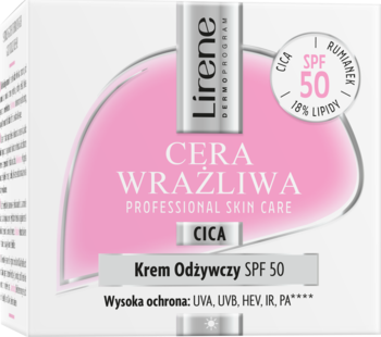 Białe pudełko Lirene Krem Odżywczy SPF 50 do cery wrażliwej z różowym owalem i srebrnymi detalami, widok z przodu.