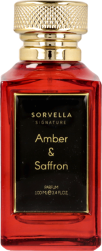 Czerwony, prostokątny flakon perfum Sorvella Signature Amber & Saffron 100ml z czarną etykietą i złotą nakrętką, widok z przodu.