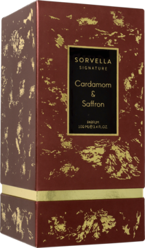 Ciemnobordowe pudełko perfum Sorvella Cardamom & Saffron, ze złotymi nieregularnymi wzorami i napisem, widok z przodu.