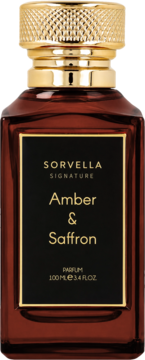 Perfumy Sorvella Amber & Saffron 100ml. Brązowy, prostokątny flakon ze złotą, fakturowaną nakrętką.