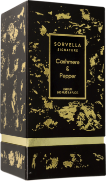 Perfumy Sorvella Signature Cashmere & Pepper w czarnym pudełku ze złotym wzorem, ujęcie z przodu.