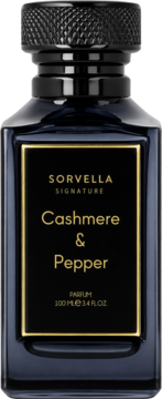 Ciemna butelka perfum Sorvella Signature Cashmere & Pepper 100ml, z teksturowanym czarnym korkiem, widok z przodu.