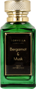 Sorvella Signature Bergamot & Musk 100ml unisex perfume w zielonej butelce z złotą zakrętką, widok z przodu.