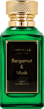 Zielona butelka perfum Sorvella Bergamot & Musk, z czarną etykietą i złotą zakrętką, widok z przodu.