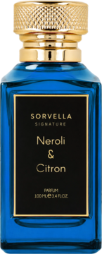 Sorvella Neroli & Citron woda perfumowana, niebieska butelka z czarną etykietą i złotą zakrętką, widok z przodu.