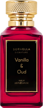 Butelka Sorvella Signature Vanilla & Oud 100ml, bordowa, z czarną etykietą i złotą zakrętką, widok z przodu.
