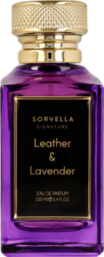 Sorvella Signature Leather & Lavender EDP w purpurowej butelce z czarną etykietą i złotą nakrętką, widok z przodu.