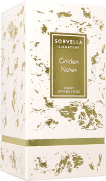 Pionowe pudełko perfum Sorvella Signature Golden Notes 100ml, białe ze złotym wzorem, ujęcie z przodu.