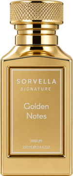 Sorvella Signature Golden Notes parfum, 100ml, w złotej prostokątnej butelce z teksturowaną zakrętką, widok z przodu.