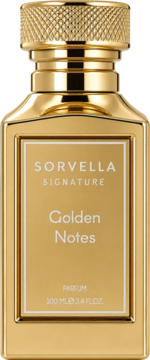 Sorvella Signature Golden Notes, złote perfumy 100ml w eleganckiej butelce z fakturowaną zakrętką. Widok z przodu.