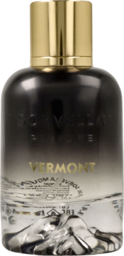 Flakon wody perfumowanej Sorvella Vermont, czarny z gradientem, złotą nakrętką i reliefowym dnem, widok z przodu.