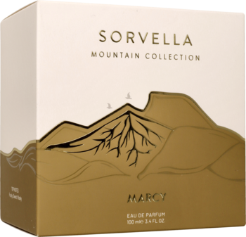 Biało-złote pudełko perfum Sorvella Marcy Eau de Parfum, z górskim motywem Mountain Collection, widok pod kątem.