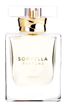Elegancki flakon perfum Sorvella Premium, przezroczyste szkło, złota nakrętka, widok z przodu.