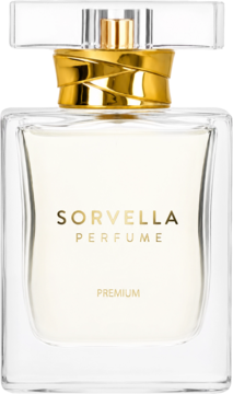 Perfumy Sorvella BCR. Przezroczysta szklana butelka ze złotymi detalami i bursztynowym płynem, widok z przodu.