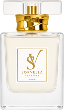 Perfumy Sorvella Kirke w eleganckiej szklanej butelce z jasnym płynem, złotą szyjką i białą etykietą.