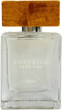 Perfumy SORVELLA ERA, unisex. Kwadratowa butelka z przezroczystego szkła z beżową, drewnianą zakrętką, widok z przodu.