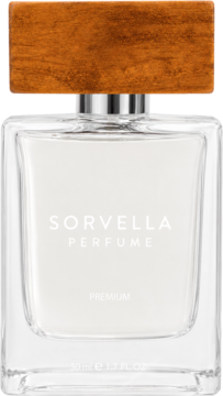 Sorvella Perfume Premium 50ml, orientalno-owocowy, w przezroczystej butelce z drewnianą nakrętką.