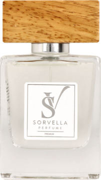 Przejrzysty flakon Sorvella Perfume o ciepłym, orientalnym zapachu, z drewnianym korkiem. Widok z przodu.
