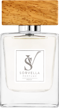 Sorvella Premium Perfume, orientalny zapach, w szklanej butelce z drewnianą nakrętką, srebrna etykieta, widok przód.