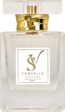 Butelka wody perfumowanej Sorvella, przezroczysta, prostokątna z białym logo i złotą zakrętką, widok z przodu.