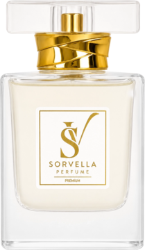 Perfumy Sorvella Premium z ambroksanem w szklanej butelce, złota etykieta i kołnierz, widok z przodu.