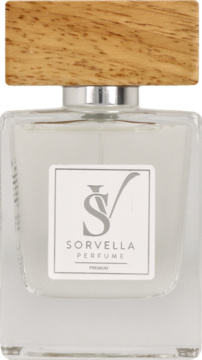 Perfumy męskie Sorvella Premium w szklanej butelce, biała etykieta, drewniana nakrętka, widok z przodu.