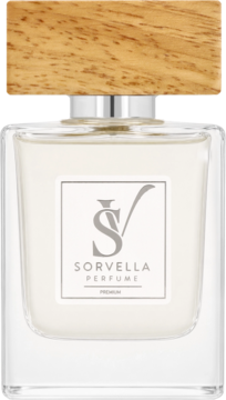 Sorvella Perfume, szklana butelka z drewnianym korkiem, biała etykieta z logo SV, frontowe ujęcie.