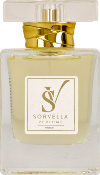 Perfumy Sorvella Premium, butelka z przezroczystego szkła ze złotym logo SV, żółty płyn, widok z przodu.
