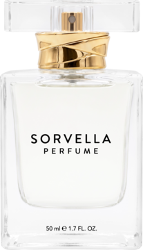 Sorvella V-251, perfumy bursztynowe w przezroczystej butelce z ozdobnym złotym korkiem, widok z przodu.