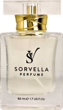 Sorvella Perfume 50ml, kwadratowa przezroczysta butelka ze złotym kołnierzem, na jasnym tle.