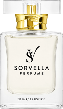 Flakon Sorvella Perfume 50ml, przezroczyste szkło, złoty korek, logo SV, kwiatowy zapach, widok z przodu.