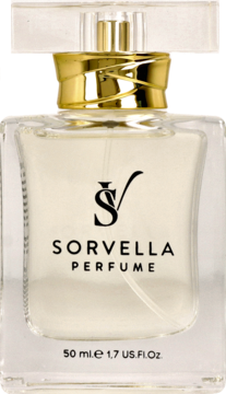 Perfumy SORVELLA w przezroczystej szklanej butelce 50ml, złoty kołnierz, widok z przodu, z napisem „SORVELLA PERFUME”.