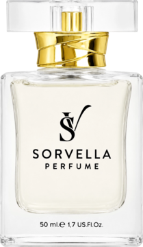 Perfumy Sorvella 50ml w eleganckiej butelce z przezroczystego szkła ze złotym akcentem, widok z przodu.