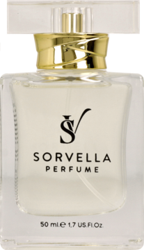 Perfumy Sorvella V-238, 50 ml, w przezroczystej butelce z jasnym płynem i złotym korkiem, widok z przodu.