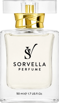 Perfumy Sorvella V-238 w przezroczystej butelce z złotą szyjką i białą etykietą, widok z przodu.