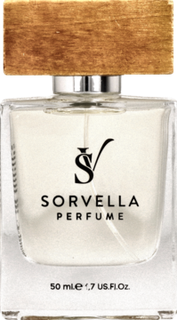 Flakon perfum Sorvella 50ml, przezroczyste szkło, drewniany korek, srebrna nakrętka, widok frontalny.