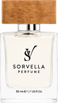 Sorvella Perfume 50ml, elegancka butelka z przezroczystego szkła, drewniany korek, srebrny atomizer, front.